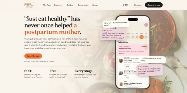 The Pura Mama app website