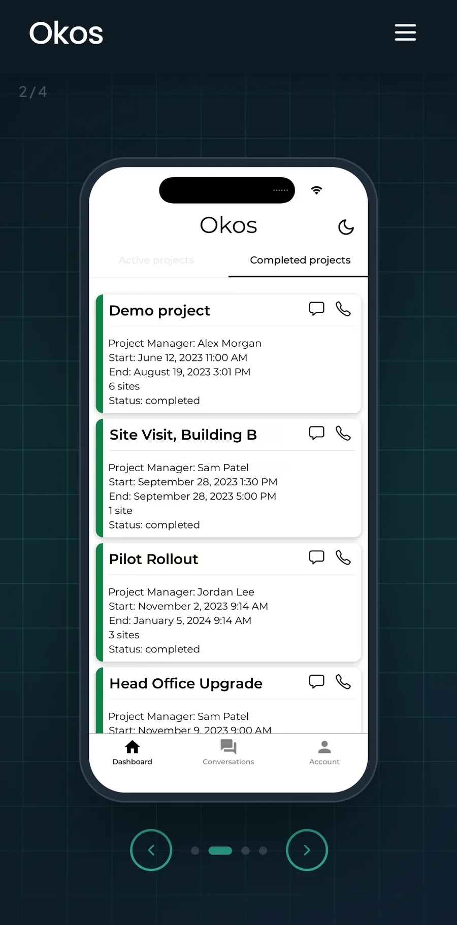 Okos on a phone, the technician app