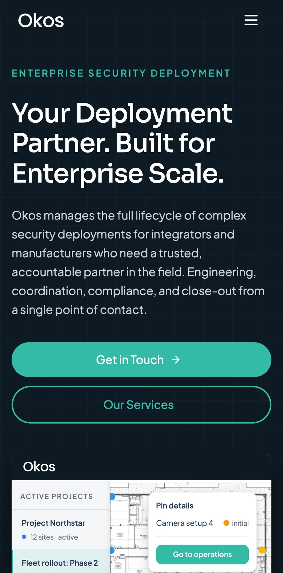 Okos on a phone, the homepage