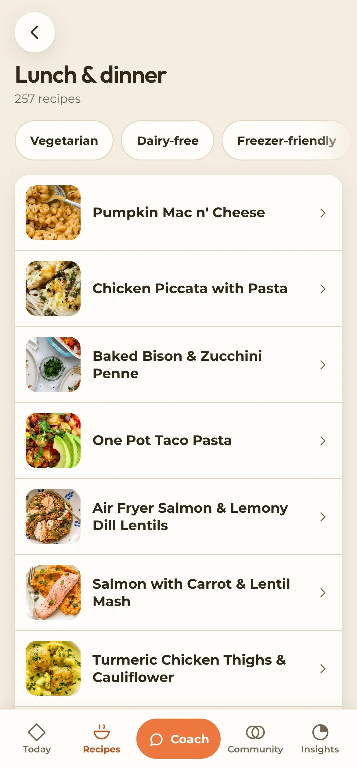 Lunch and dinner recipes with filters