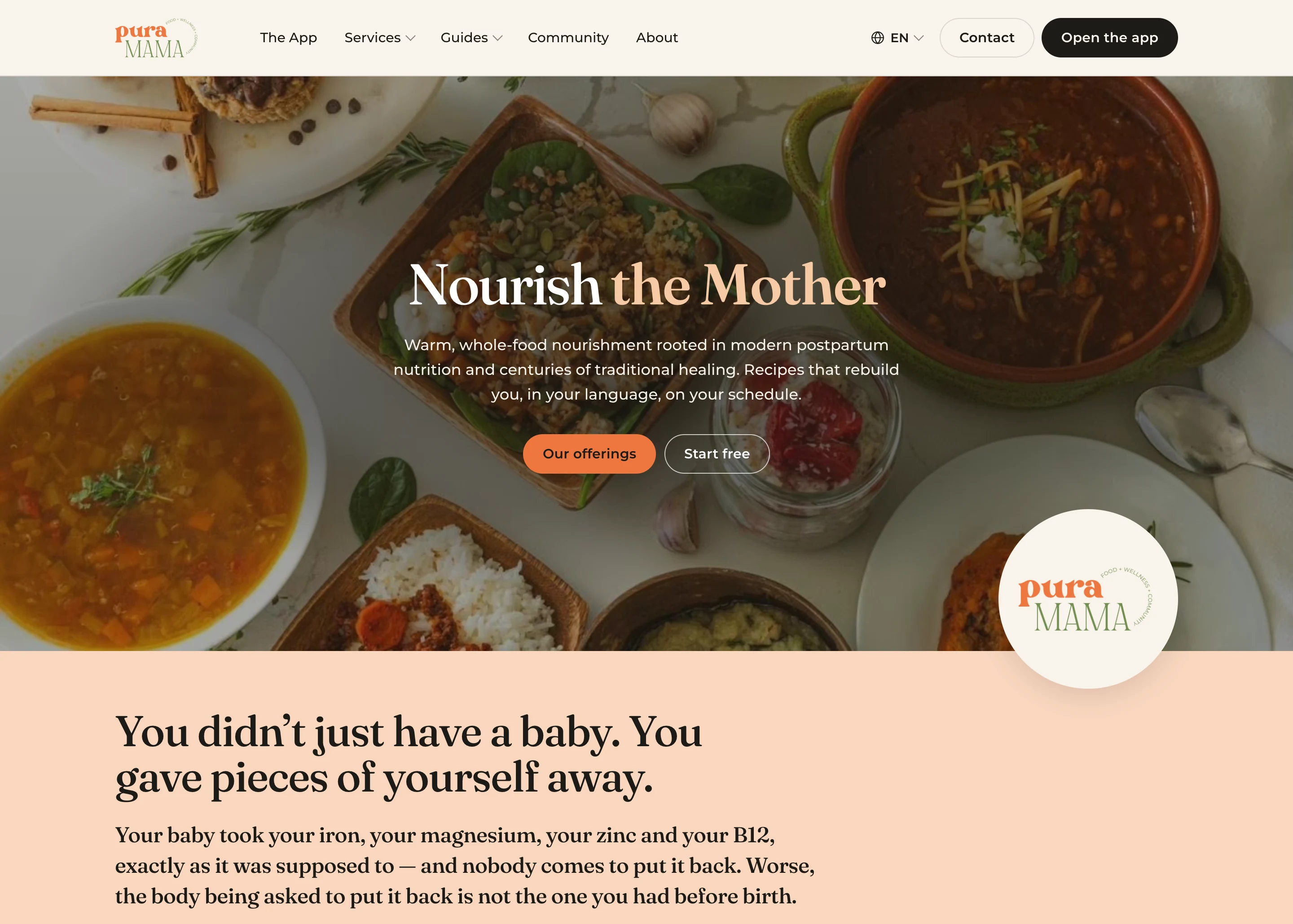 The Pura Mama homepage: the hero, then why postpartum nutrition is different