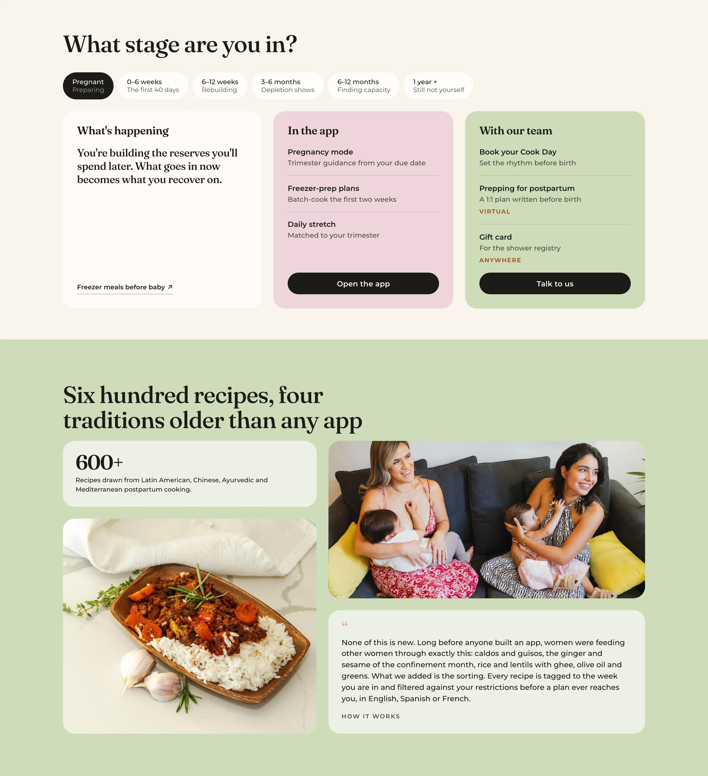 Pura Mama website stage selector connecting recovery needs, app guidance and services
