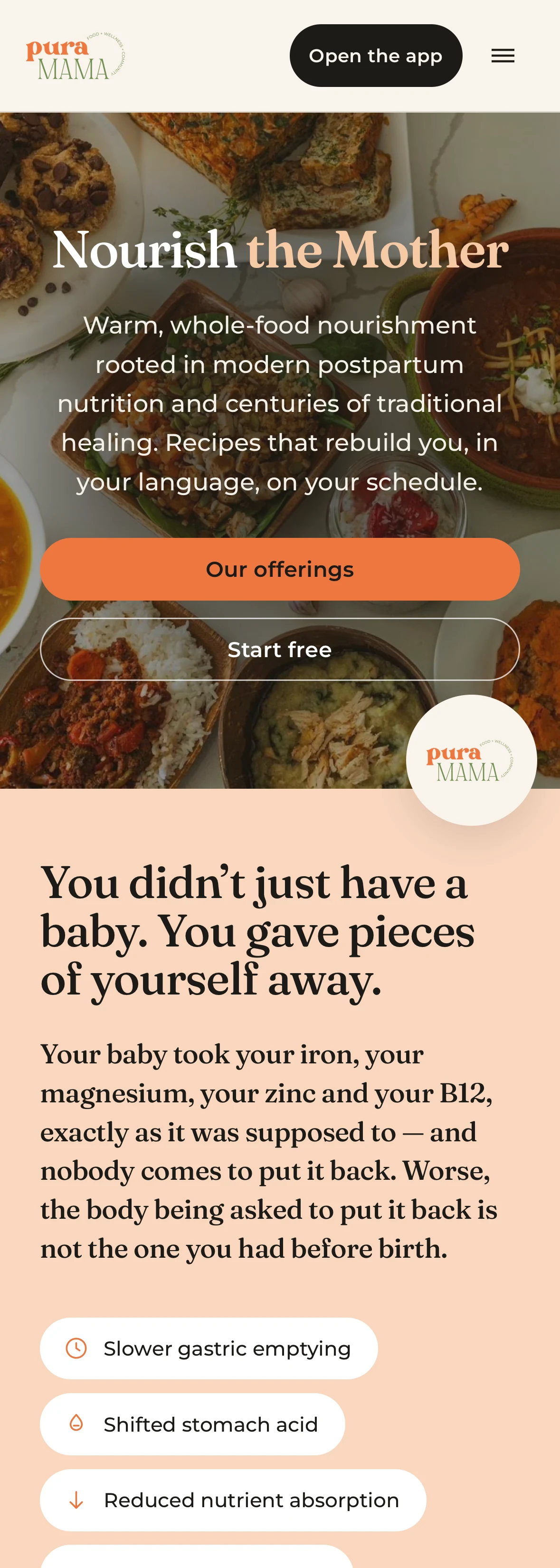 The Pura Mama homepage on a phone