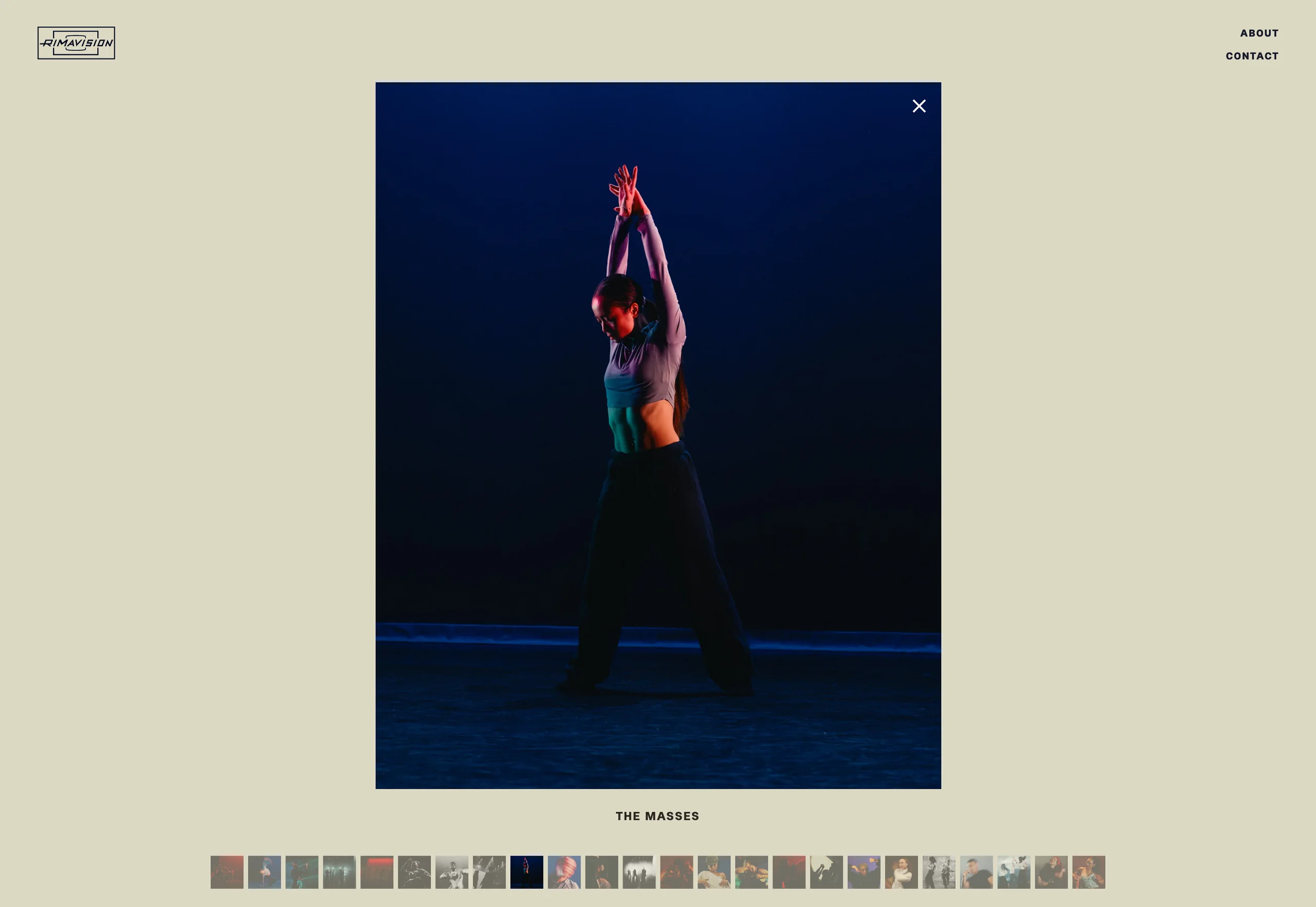 The Rimavision lightbox showing a dancer from The Masses series, with a thumbnail strip of the series below