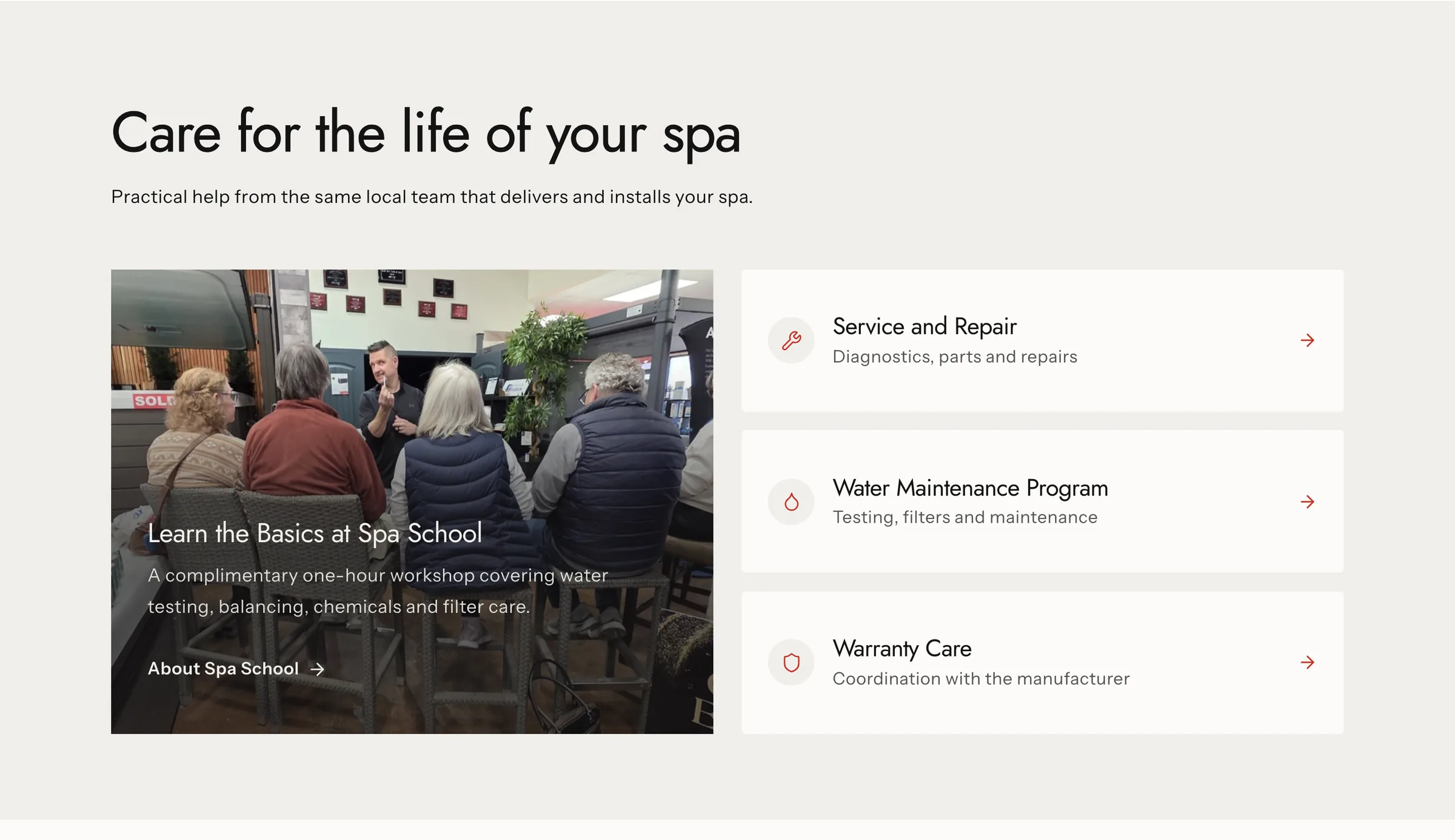 Care for the life of your spa: Spa School, service, water maintenance and warranty