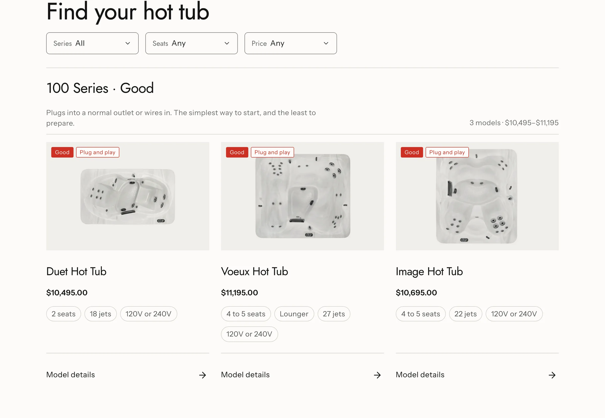 The hot tub collection, filtered by series, seats and price