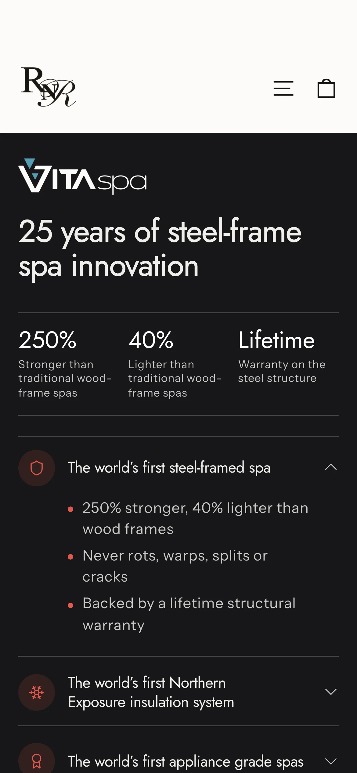 The new Vita Spa panel on a phone: 250% stronger, 40% lighter, lifetime warranty, with the firsts listed below