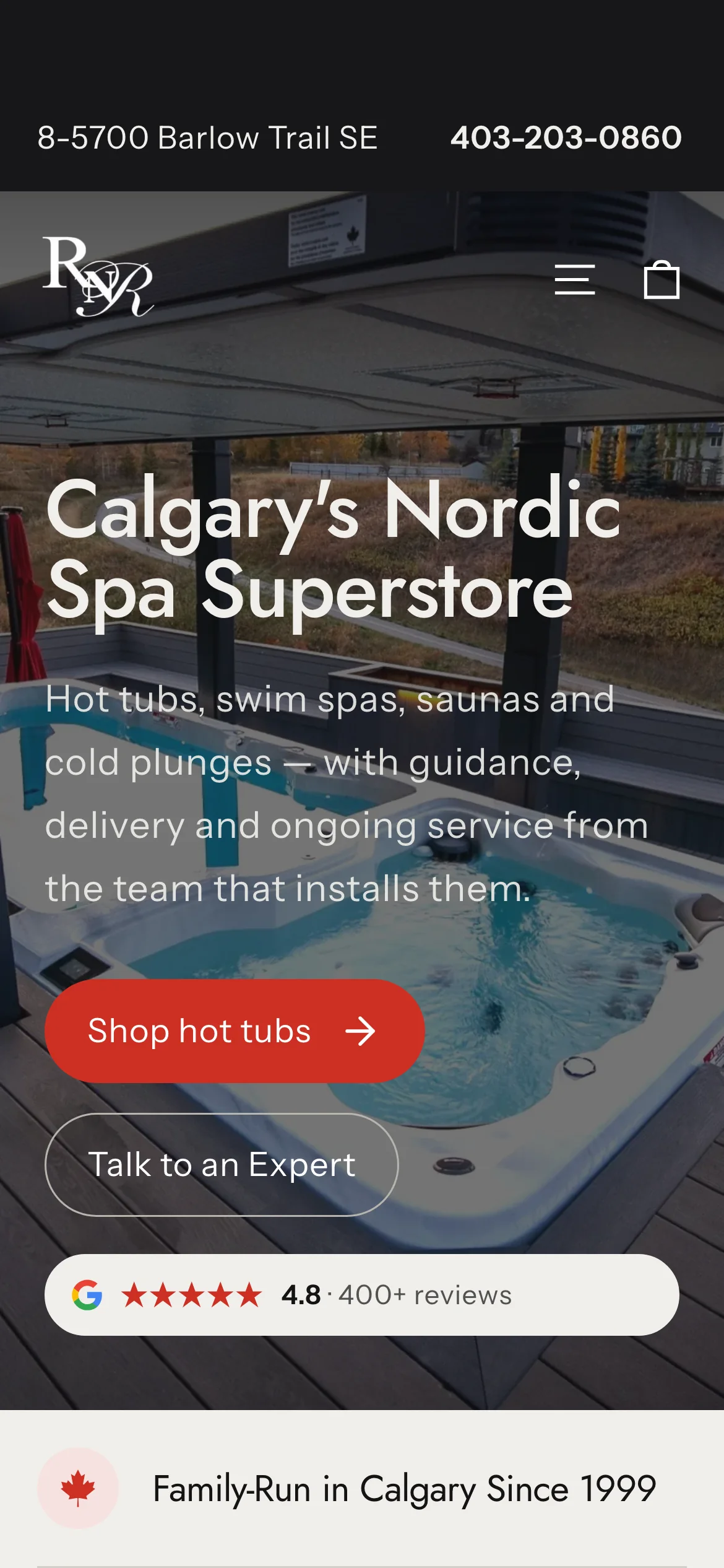 The RnR Hot Tubs homepage on a phone