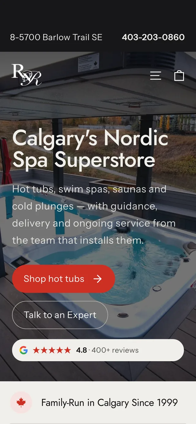 The RnR Hot Tubs website on a phone